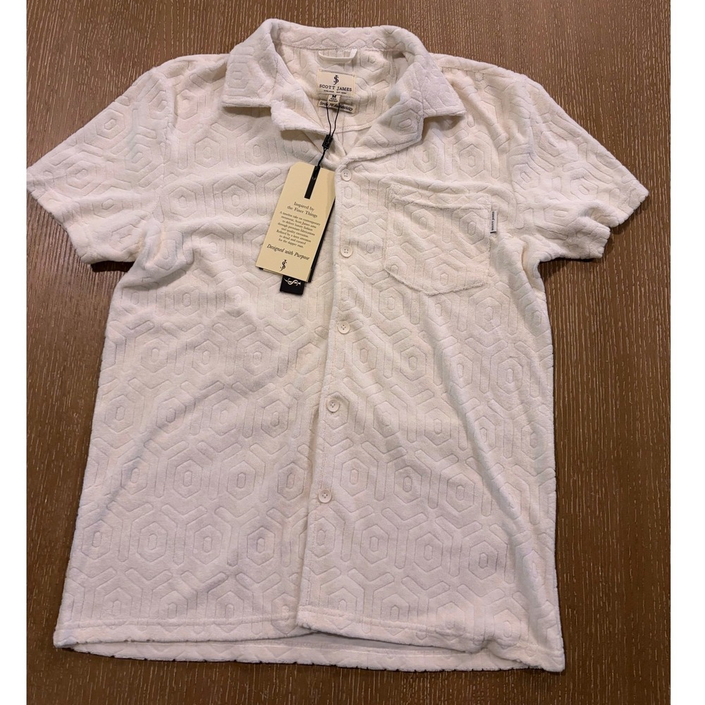 Scott James Mens Cream White Terry Cloth Hexagon Button Down Shirt Medium NWT